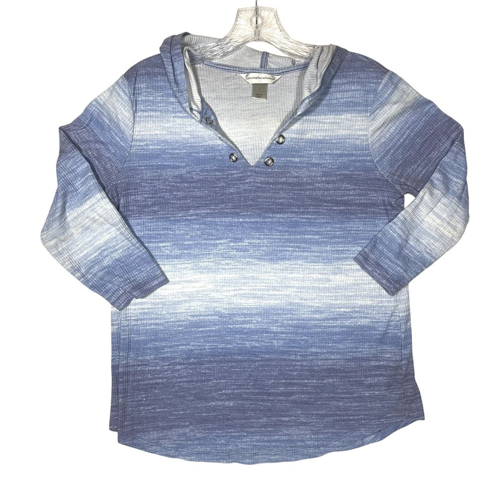 Christopher & Banks Hooded Top Women S Blue Ombre Space Dye 3/4 Sleeve Ribbed